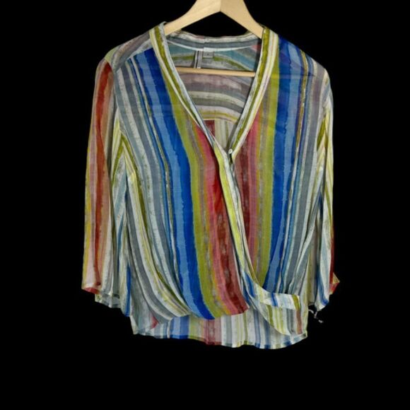 Anthropologie Blank London Pastel Stripe Chiffon Bell Sleeve Wrap Top Sz S - Picture 2 of 7